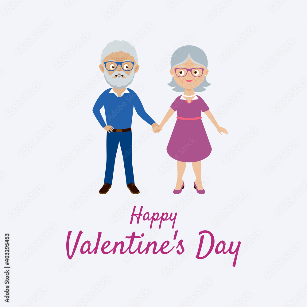 Happy Valentine's Day greeting card with cheerful elderly senior couple vector. Happy old man and woman vector. Beautiful senior couple in love cartoon character. Older people holding hands vector Happy Valentine's Day greeting card with cheerful elderly senior couple vector. Happy old man and woman vector. Beautiful senior couple in love cartoon character. Older people holding hands vector