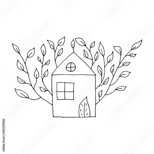 Doodle house with branches and leaves. hand drawn of a house with branches and leaves isolated on a white background. Vector illustration sticker, icon, design element