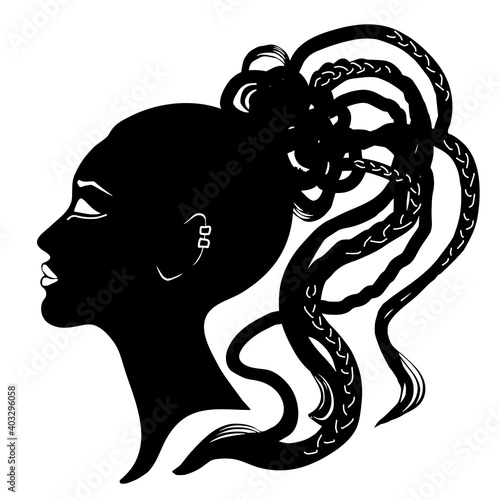 Black hair and pigtail, braided, cornrows hair style. Silhouette of woman side view face. Vector illustration isolated on a white background. Print, logo, poster, t-shirt, card.