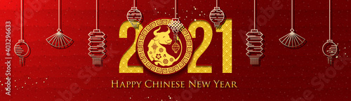 2021 Chinese New Year Greeting Card. Year of the Ox. Chinese New-Year. Paper cut with Ox and Flowers. gong xi fa cai 2021. Hieroglyph - Zodiac Sign Ox. Place for your Text.