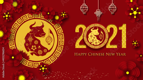 2021 Chinese New Year Greeting Card. Year of the Ox. Chinese New-Year. Paper cut with Ox and Flowers. gong xi fa cai 2021. Hieroglyph - Zodiac Sign Ox. Place for your Text.