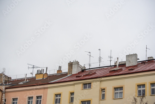 Roofs and chimneys of Prague 6, and area of old and luxury buildings in the district of Prague 6, czech Republic.