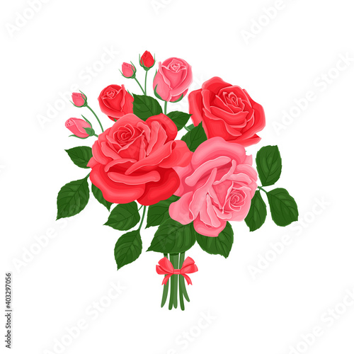 Red and pink roses bouquet isolated on white background. Vector illustration of beautiful flowers and green leaves in cartoon flat style.