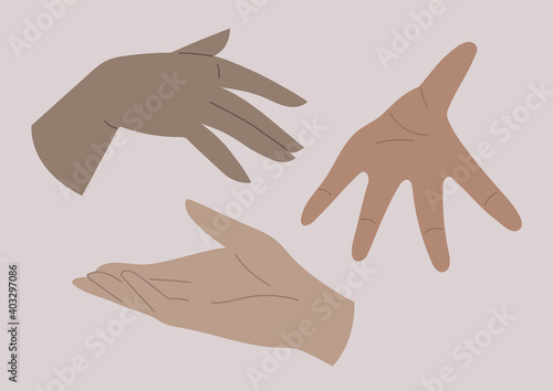 A set of hands with different skin color, diversity, gestures