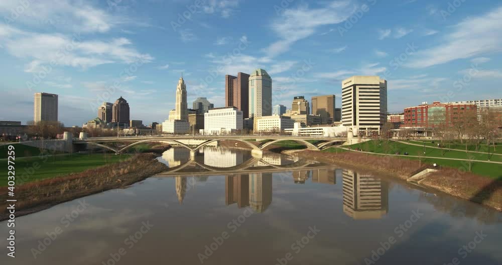 Time lapse landscape wide shot of downtown Columbus, Ohio, capital city full of buildings, bridges, and Scioto Mile Time lapse landscape wide shot of downtown Columbus, Ohio, capital city full of buildings, bridges, and Scioto Mile
