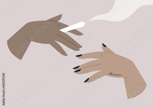 An isolated image of hands sharing a weed joint, cannabis smoking