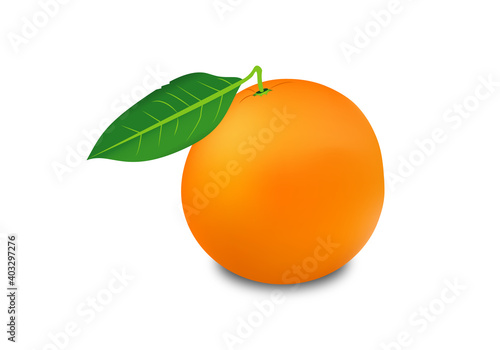 Naranja con hoja verde sobre fondo blanco