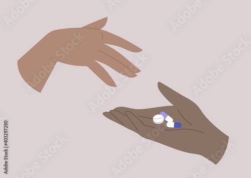 A doctor giving pills to a patient, health care, coronavirus treatment