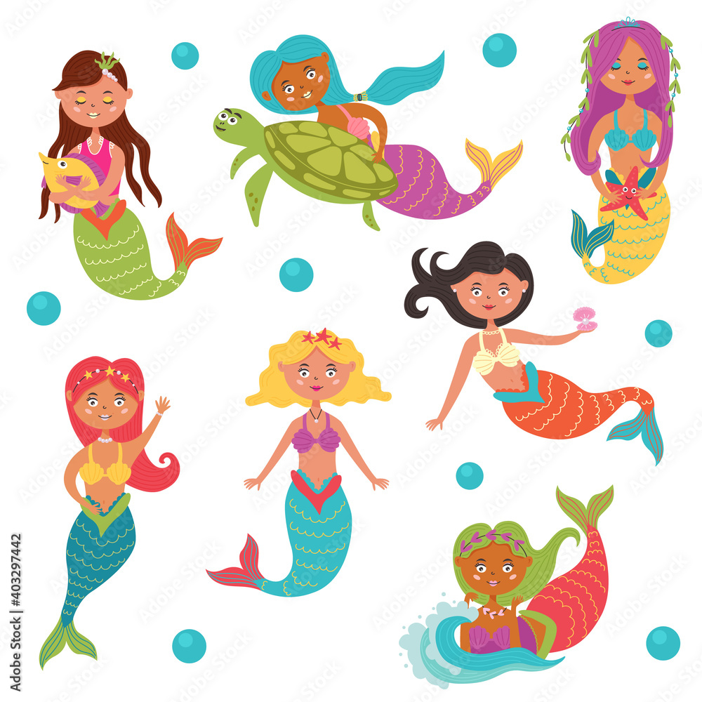 Fototapeta premium Set of bright baby mermaids. Bundle Fairy sea creature girl with a tail. Vector flat character
