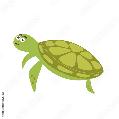 Funny smiling green turtle. Sea and ocean animal creature aqua fauna. Vector flat isolated illustration