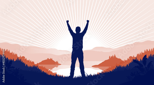 Freedom of movement - Silhouette of happy male person with hands in air standing in front of sun in landscape. Travel and be free concept. Vector illustration.