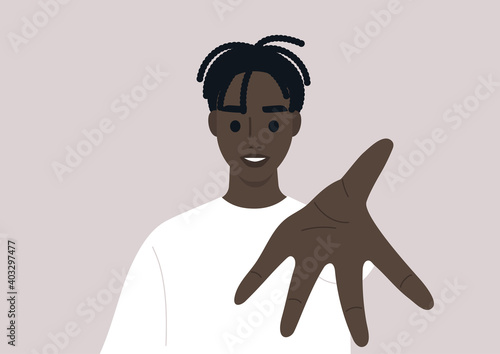 Young male Black character with  outstretched arm offering their help, a welcoming gesture, a helping hand concept photo