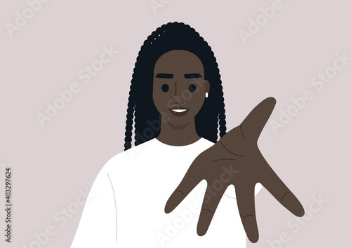Young female Black character with  outstretched arm offering their help, a welcoming gesture, a helping hand concept
