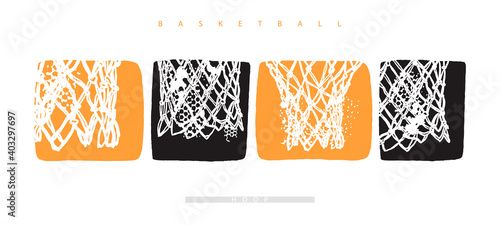 Abstract vector basketball hoop on a white background. Sports grunge illustration for banner design, poster, t-shirt print. Hand drawing..