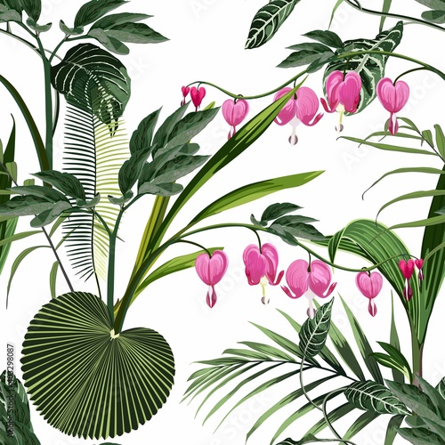 Seamless background from a flowers ornament and exotic tropical leaves, fashionable modern wallpaper or textile. Illustration "bleeding heart" (Dicentra spectabilis) on white background.