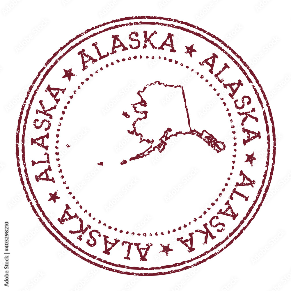 Alaska round rubber stamp with US state map. Vintage red passport stamp with circular text and stars, vector illustration. Alaska round rubber stamp with US state map. Vintage red passport stamp with circular text and stars, vector illustration.