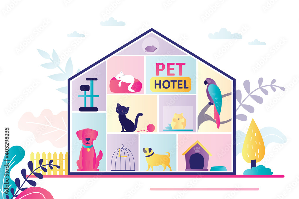 Building with different domestic animals. Hotel for pets filled with dogs, cats, parrot and hamsters