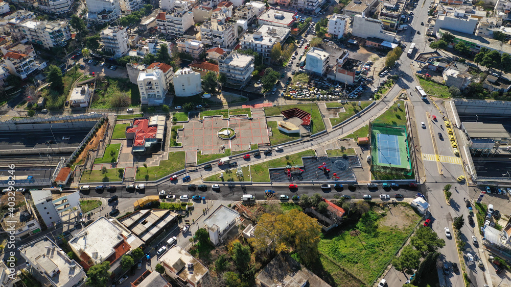Aerial drone photo of Attiki odos popular toll road motorway passing through Athens area of Metamorfosi next to National road, Attica, Greece