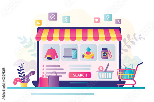Various products in internet shop, online store showcase. Concept of e-commerce and business. Technology of shopping in online marketplace.