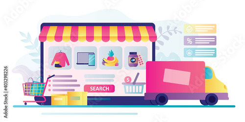 Various products in internet shop, online store showcase. E-commerce and fast delivery. Different goods in shopping trolley.