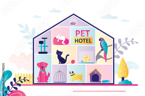 Building with different domestic animals. Hotel for pets filled with dogs, cats, parrot and hamsters