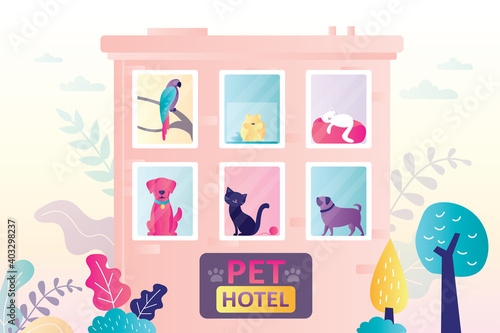 Hotel for different domestics animals. Various cute pets in building windows. Concept of business, holiday and petcare