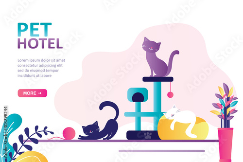 Cute cat playing with clew. Cartoon kitten sitting on scratching post. Concept of pet hotel, domestic animal and business