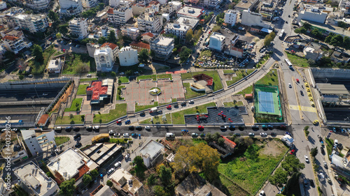 Aerial drone photo of Attiki odos popular toll road motorway passing through Athens area of Metamorfosi next to National road, Attica, Greece