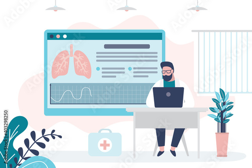 Doctor checks lung condition report on computer. Pulmonologist examines respiratory system for disease. Concept of pulmonology and healthcare