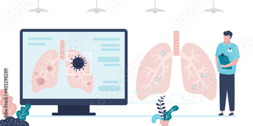 Pulmonologist examines respiratory organ. Detecting coronavirus using equipment. Affected lungs on computer screen