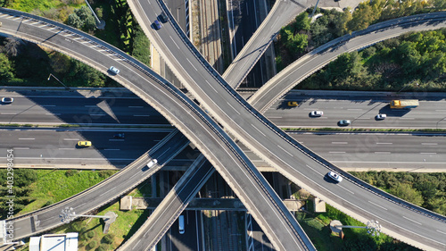Aerial drone photo of modern Attiki Odos toll road interchange with National road in Attica, Athens, Greece