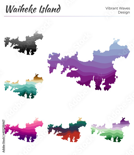 Set of vector maps of Waiheke Island. Vibrant waves design. Bright map of the island in geometric smooth curves style. Multicolored Waiheke Island map for your design. Attractive vector illustration.
