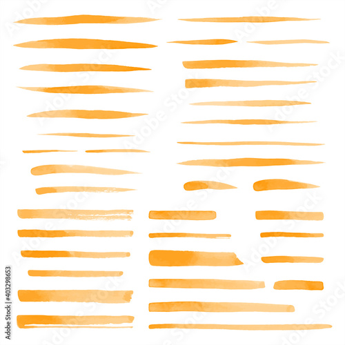 Set, collection of vector orange watercolor brush strokes, uneven lines, rectangle stripes, underlines, doodle streaks, fusiform smears. Hand drawn design elements, text backgrounds, templates.