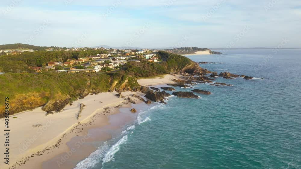 Forster Burgess Beach on New South Wales coast, Australia, sunrise aerial view Forster Burgess Beach on New South Wales coast, Australia, sunrise aerial view