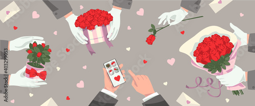 Valentines day online flowers ordering and delivery service. Hands holding mobile phone for order flowers, hands with bouquet, flower pot, box with flowers, one red rose