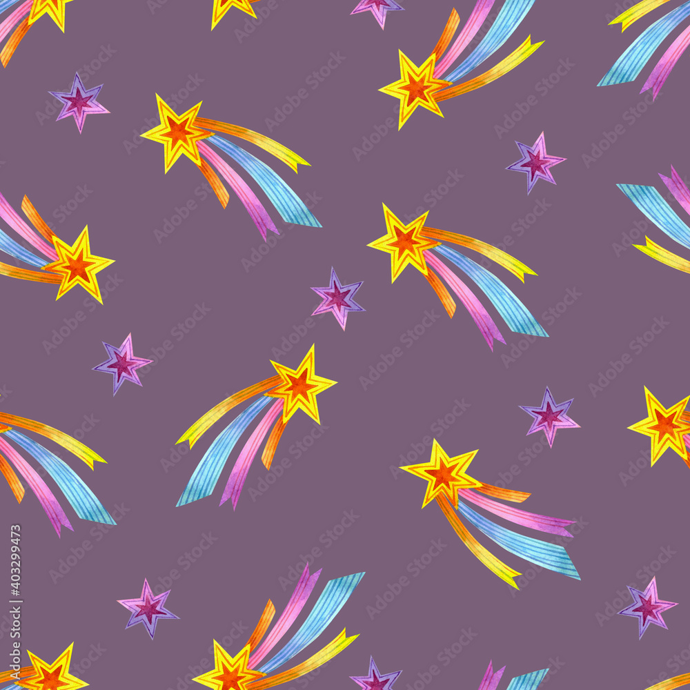 Fototapeta premium Cute childish pattern with stars on a purple background. Bright seamless pattern with watercolor stars. For wrapping paper, wallpaper, textiles and more.