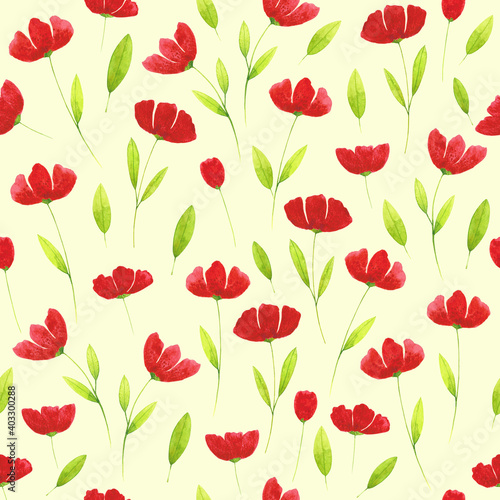 Watercolor hand drawn bright red flowers  with green leaves seamless pattern. Botanical print on light yellow background for textile  fabrics  wallpaper  wrapping paper. Colorful floral design. 