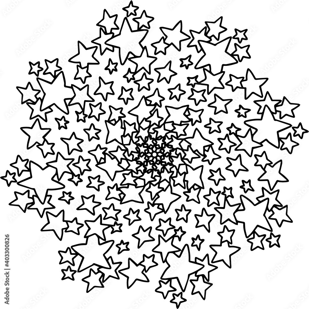 mandala star space flying  lined doodle coloring book page black and white background