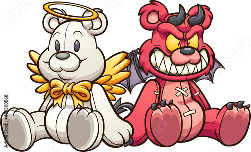 Angel and devil teddy bears sitting down. Vector clip art illustration with simple gradients. Each on a separate layer.
