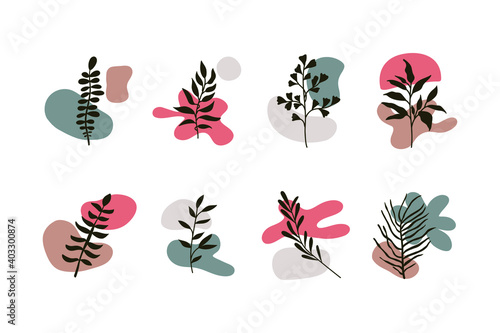 Abstract botanical set. Contemporary branch leaves with scribbles for logo, boho nature design isolated on white background. Vector art