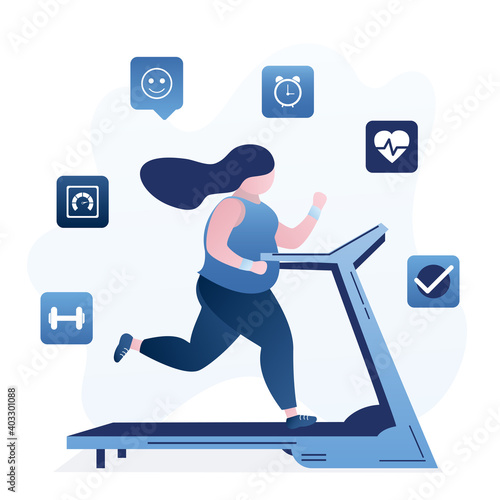Fat woman runs on treadmill. Overweight woman trying to lose weight. Cardio workout, fitness exercises. Body positive girl.
