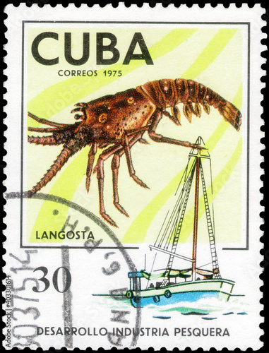 Postage stamp issued in the Cuba with the image of the Crawfish, Jasus. From the series on Development of fishing industry, circa 1975