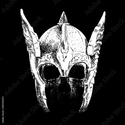 Vector illustration for human skull t-shirt with winged helmet isolated on black.