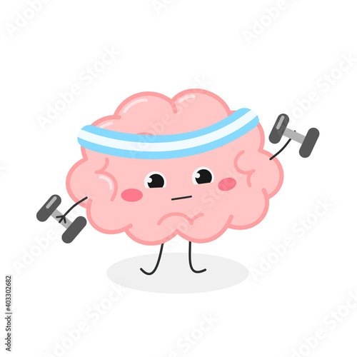 Cute cartoon brain character training with dumbbells