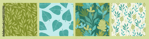 Set of seamless patterns with abstract leaves. Modern design for paper, cover, fabric, interior decor and other