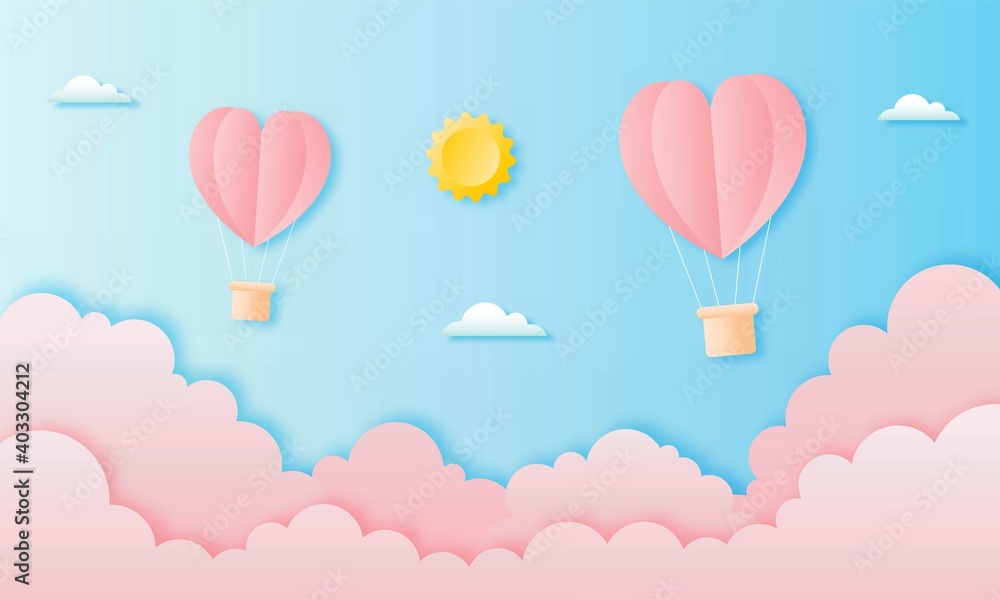 paper cut happy valentine's day concept. landscape with cloud, sun and heart shape hot air balloons flying on blue sky background paper art style. vector illustration. 