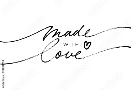 Made with love hand drawn line calligraphy. Hand Made lettering with swooshes for labels or tags of handcrafted good. Elegant vector cursive inscription written with calligraphic pen isolated on white
