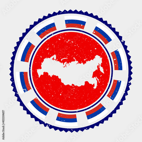 Russia grunge stamp. Round logo with map and flag of Russia. Country stamp. Vector illustration.