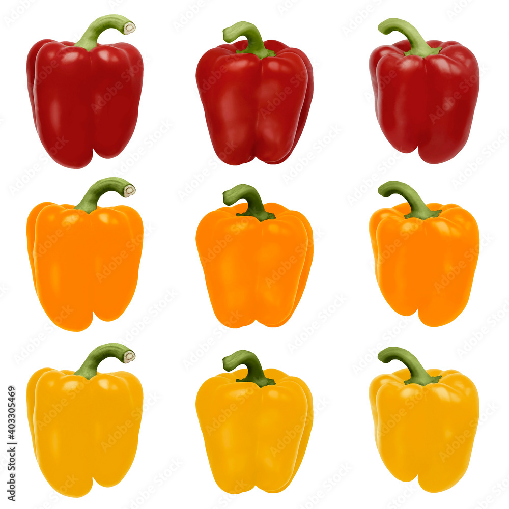 Isolated sweet pepper on a white background. Color yellow, red, orange. Side view. Element for the design. Paprika. Vegetable. Isolated sweet pepper on a white background. Color yellow, red, orange. Side view. Element for the design. Paprika. Vegetable.