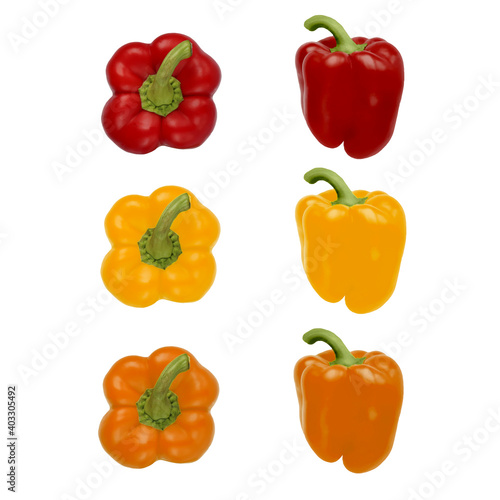 Isolated sweet pepper on a white background. Color orange, red, yellow. Side and top view. Element for the design. Paprika. Vegetable.